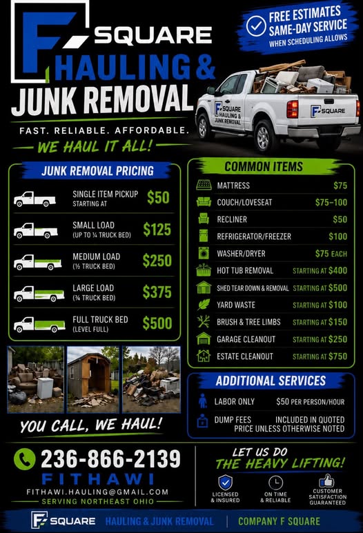 F-Square Hauling and Junk Removal truck and service graphic